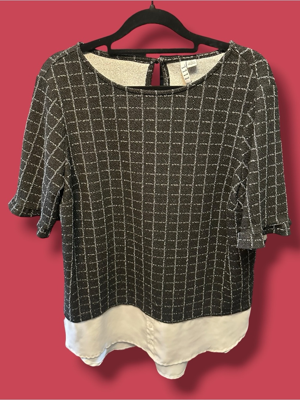 Elle Black Grid Short Sleeve Top with White Layered Hem